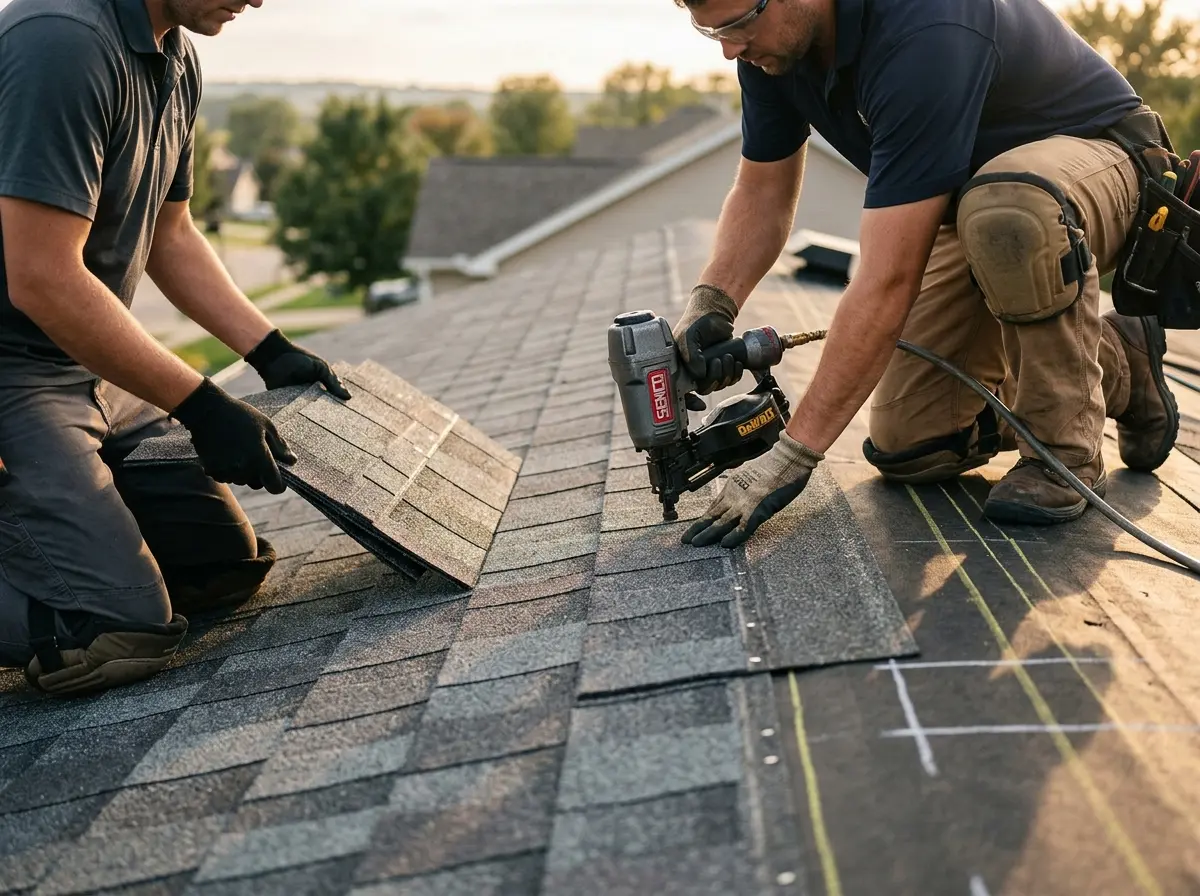 Professional roofer working on a residential roof in River Grove